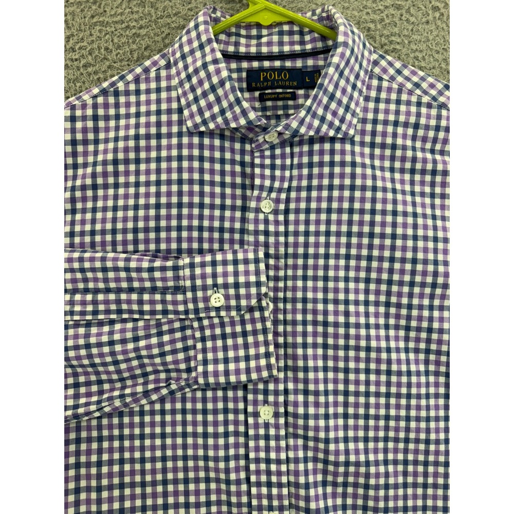 Polo Ralph Lauren Luxury Oxford Shirt Mens Large Purple Blue Gingham Custom Fit